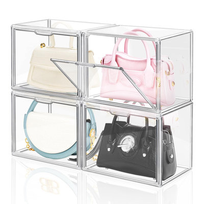 Plastic Handbag Storage Organizer For Closet, Small Acrylic Display Box For Handbag, Stackable Storage Boxes Bag Organizer With Magnetic Door For Purse Clutch Wallet Book Hats,(Clear/4 PCS)