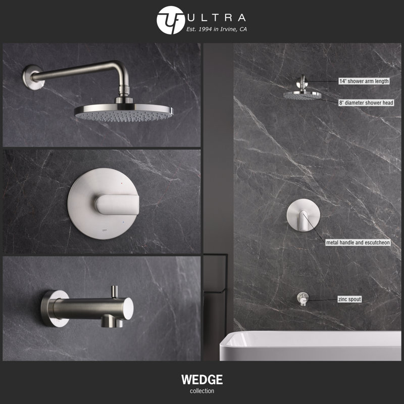 Wedge Collection Shower System: 8" Round Shower Head, Single Handle Set, Tub Spout, & Rough-in Valve Included - Brushed Nickel