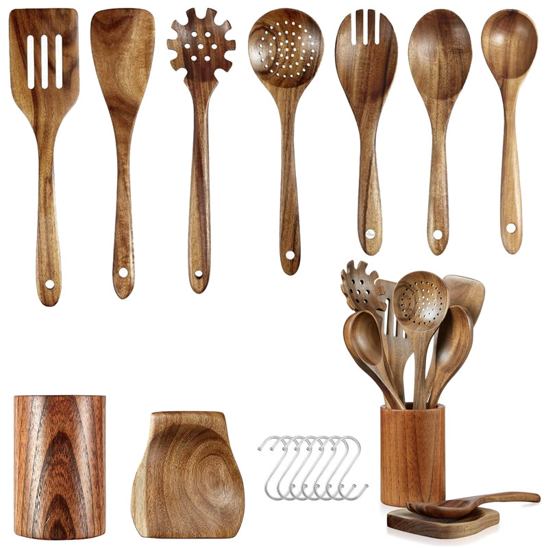 Ensemble d'ustensiles de cuisine en bois 9 pièces avec crochets en métal, résistant à la chaleur antiadhésif, respectueux de l'environnement