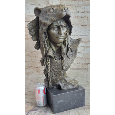 Taygen Native American Indian Chief Warrior In Bear Headdress Bonnet - Bronze Sculpture By Milo