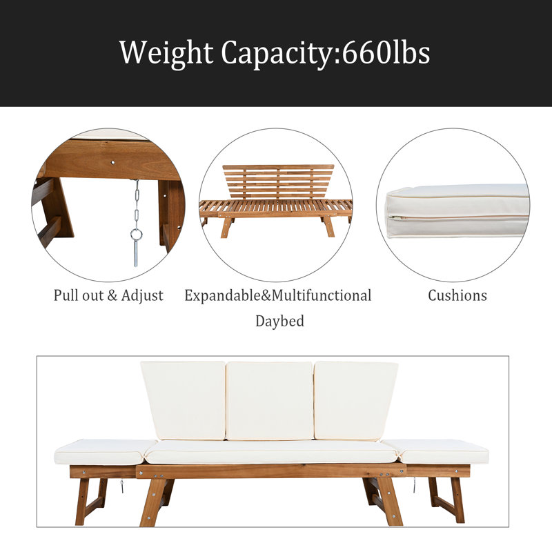 Outdoor Adjustable Patio Wooden Daybed Sofa Chaise Lounge With Cushions For Small Places, Beige, Natural
