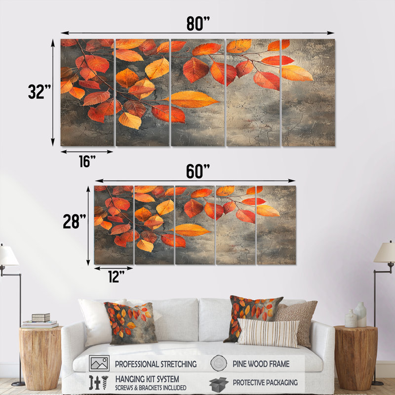 Feuilles d'automne orange IV - - Art mural d'automne - Toile d'art murale traditionnelle, H 32 po x l 80 po, 5