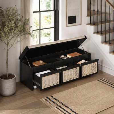 Banc de rangement à chaussures 48 po en MDF noir, pieds en bois massif noir pour le vestibule du salon