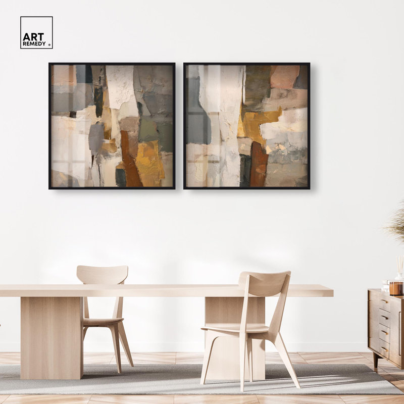 Patchwork Plains Shadowbox Print Beige Wall Decor par Art Remedy, cadre noir, 40 x 40, 41" H x 41" W, Black Frame