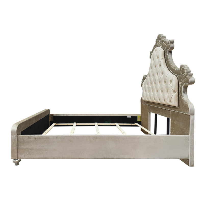 Beige Velvet Queen Bed with Tufted Headboard and LED