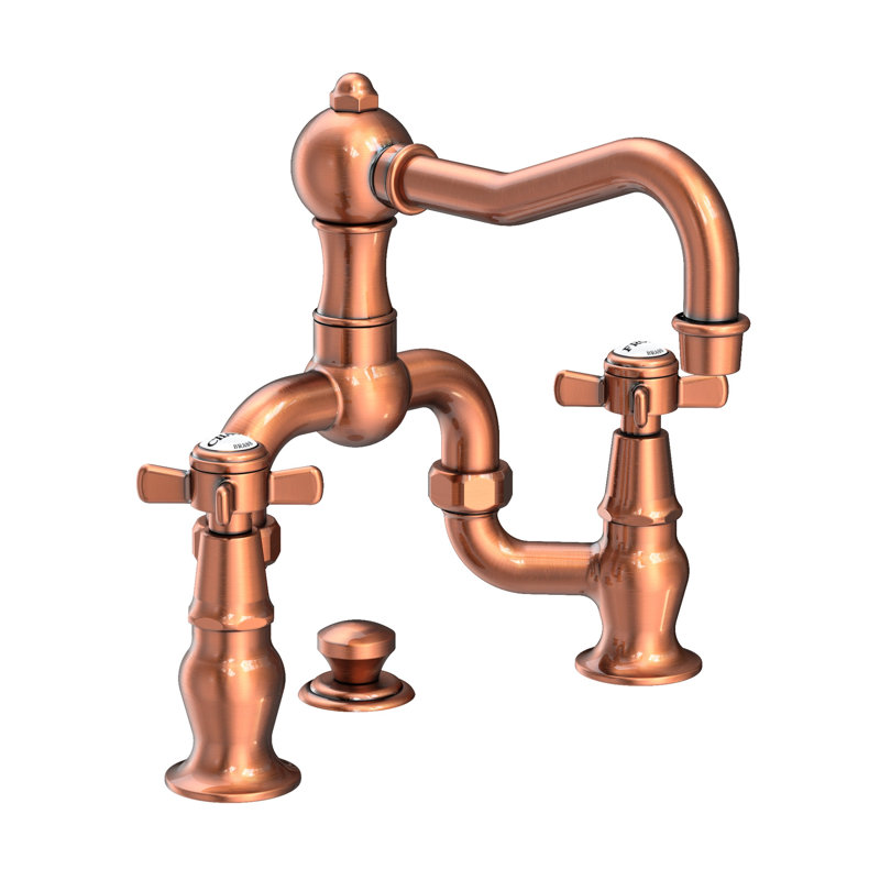 Chesterfield Bathroom Bridge Faucet with Drain Assembly, Antique Copper, Bridge