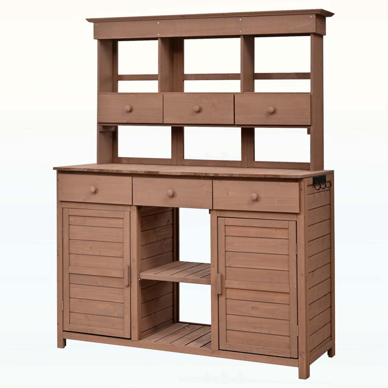 Potting Bench Table with 3 Shelves,6 Drawers, Brown
