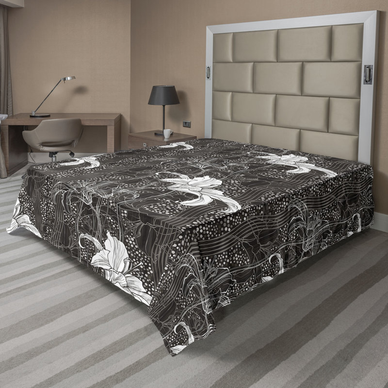 Ambesonne Flat Sheet Floral Grunge Art, Charcoal Gray White Floral, Full Flat Sheet