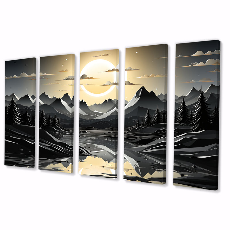 Silhouette de lune, paysage de montagnes, ensemble d'art mural 5 pièces, H 32 po x l 80 po