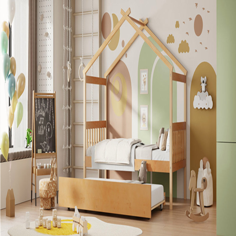Lit simple en bois avec lit gigogne simple, naturel, Naturel, Simple