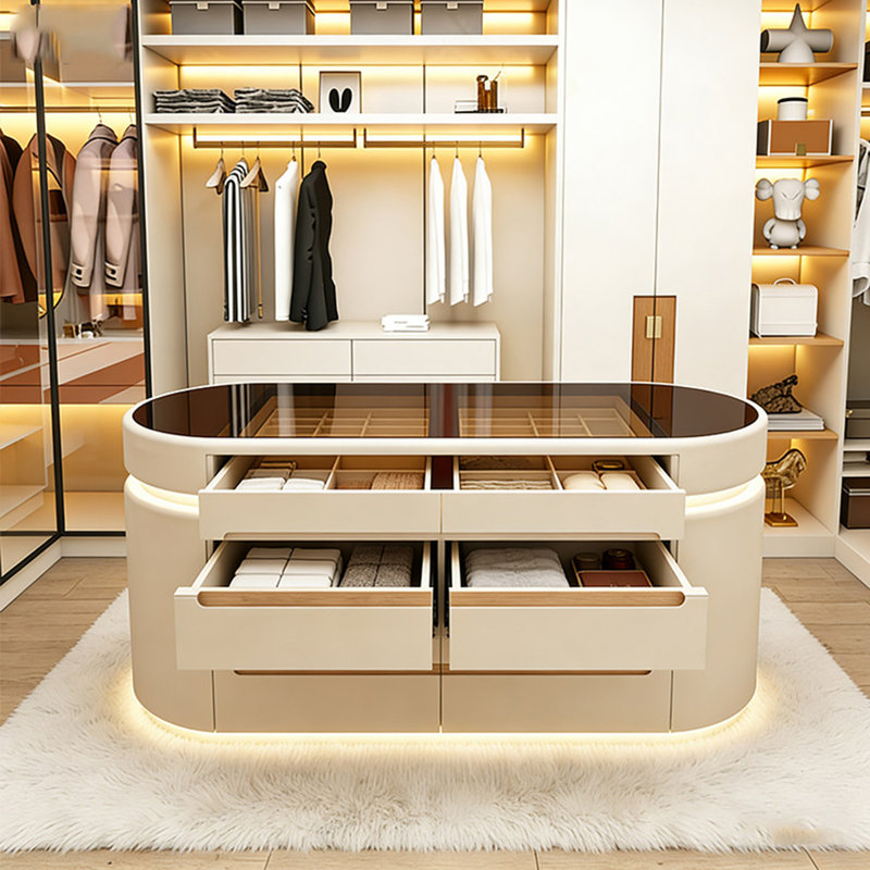 Comptoir en verre trempé transparent de 62,99 po, armoire en bois massif beige, armoire de rangement pour bijoux
