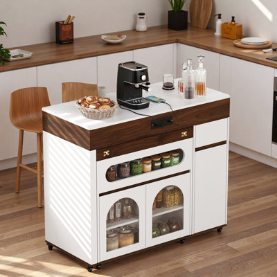 Rolling Kitchen Island With Extra-long Folding Top, Drawers, Cabinets, Power Outlet And Lockable Wheels