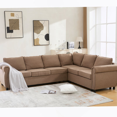 Spacious L-Shaped Sectional Sleeper Sofa, 6 Seater With Pull-Out Bed And Riveted Design For Living Room Comfort