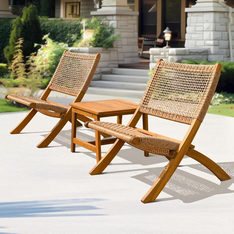 Solid Wood Twisted Wicker Foldable Reclining Bistro Set of 3