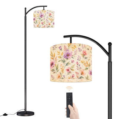Dimmable LED Arc Standing Floor Lamp Watercolor Floral, Height Adjustable Lamp Shade with Remote Controller, for Living Room Bedroom Office