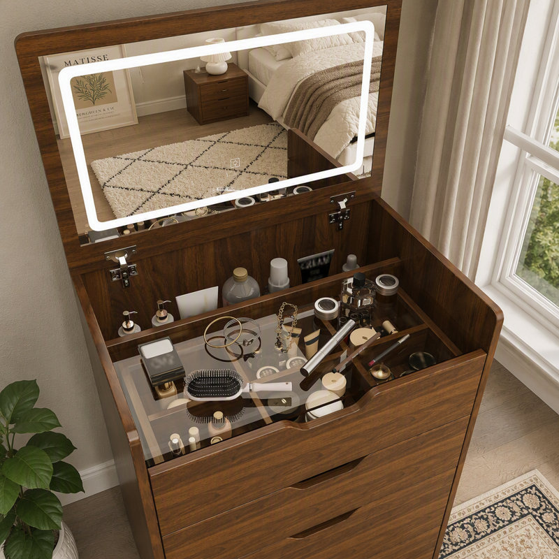 Bureau de coiffeuse 3-en-1 avec miroir éclairé à DEL et tabouret, coiffeuse à maquillage multifonctionnelle avec rangement caché, ensemble de coiffeuse compact pour le vestiaire de la chambre à coucher
