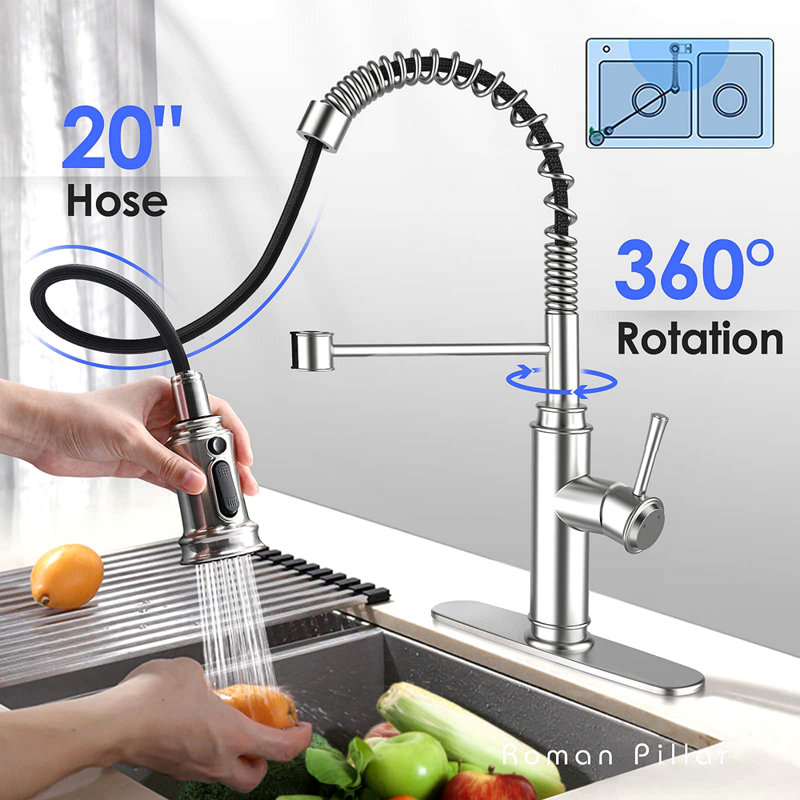 Robinet de cuisine - Robinet d'évier de cuisine à ressort avec pulvérisateur rétractable à 3 modes, poignée simple et plaque de pont pour trous 1 ou 3, rotation à 360 °, acier inoxydable sans plomb pour barre de camping-car