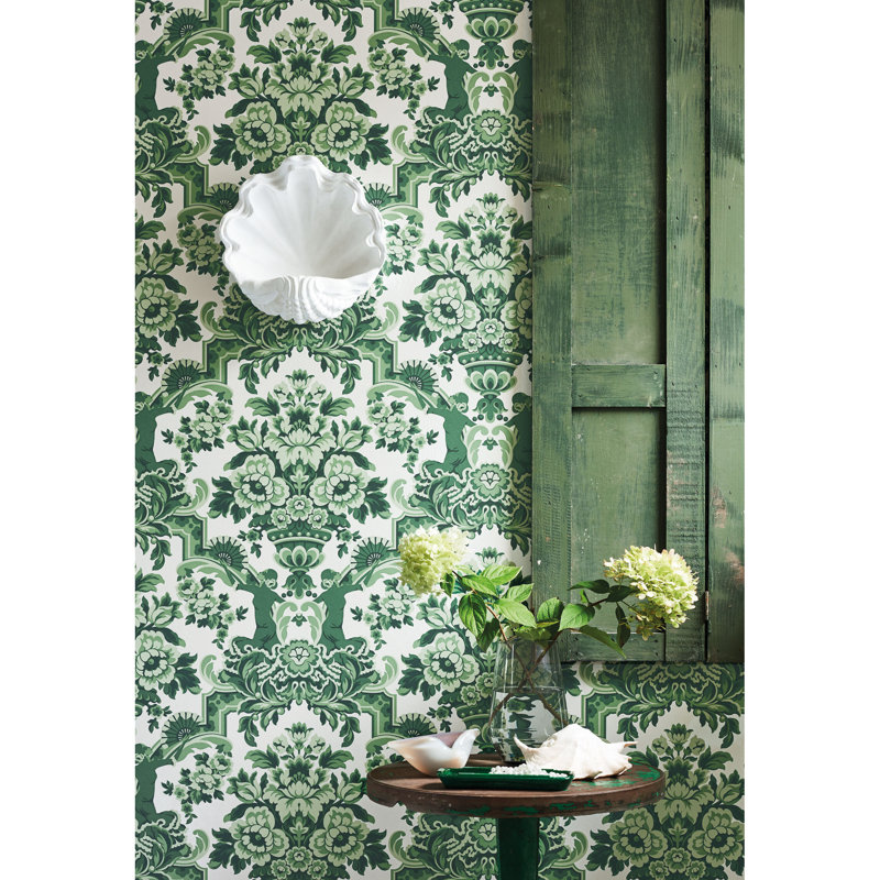 Lola Damask Wallpaper Roll, Forest Green/White
