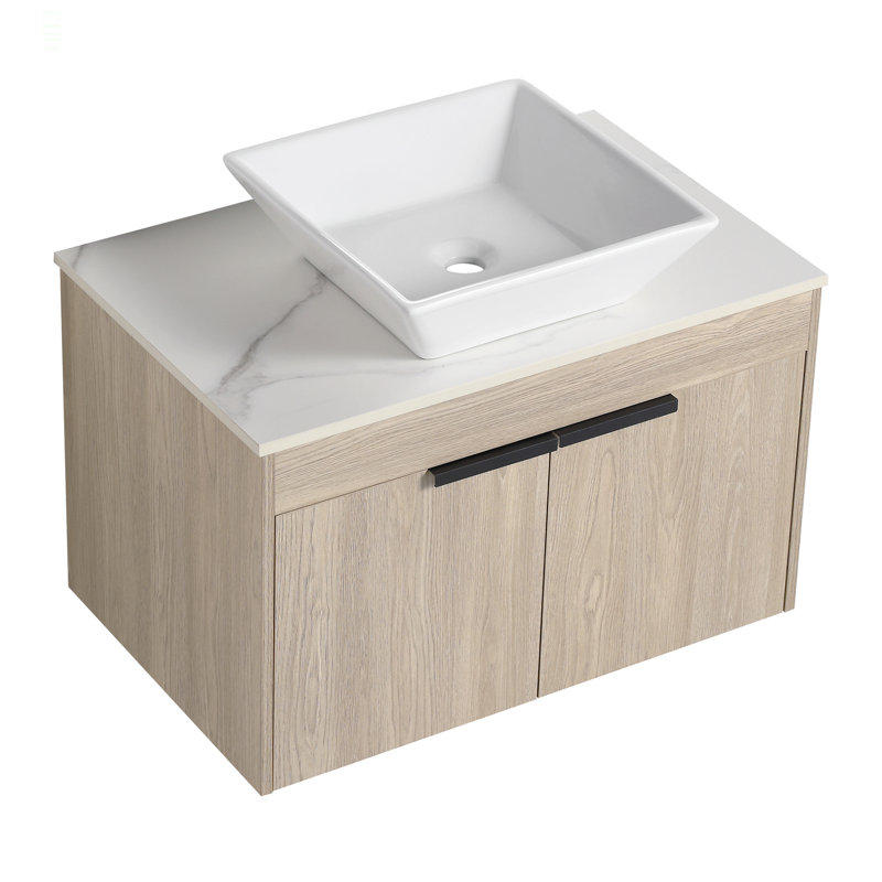 Meuble-lavabo de 42 po à conception flottante de conception moderne avec dalle en pierre plate en céramique et petites tablettes de rangement, porte à fermeture douce, ensemble KD