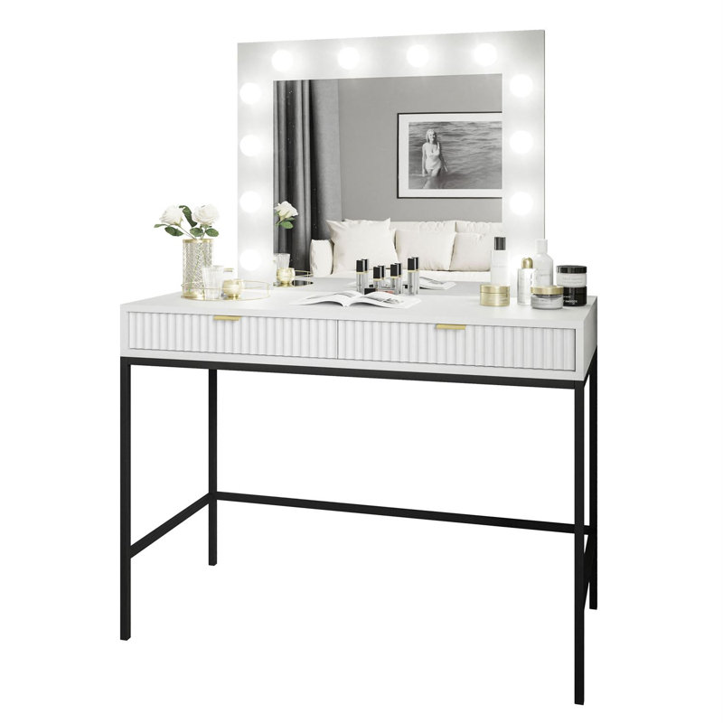 Aldonia Dressing Table with Mirror, White/Black