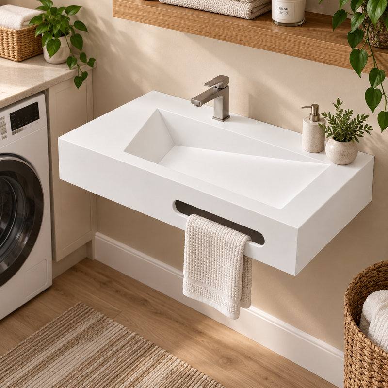 32" V-Shaped Stone Resin Sink with Integrated Towel Bar, Wall-Mounted Floating Bathroom Sink, Natural