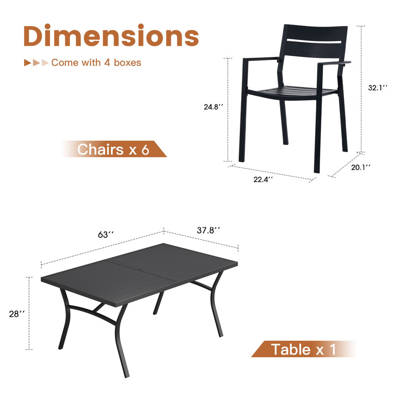 Ensemble repas pour 6 personnes avec table de salle à manger rectangulaire de 63 po et 6 chaises avec accoudoirs en métal