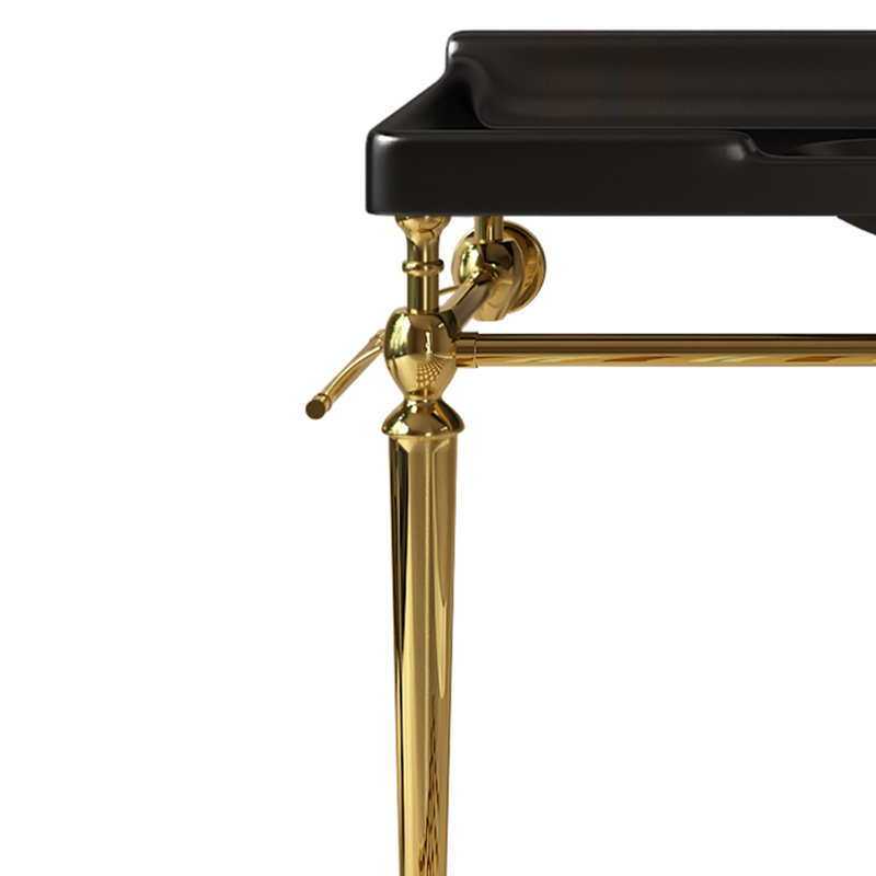 Wall-Mounted Bathroom Console Sink,Black Ceramic Vanity Basin With 3 Pre-Drilled Faucet Holes, Freestanding Stainless Steel Support Legs With Towel Bar, No Faucet And Sink Cover, Gold Color