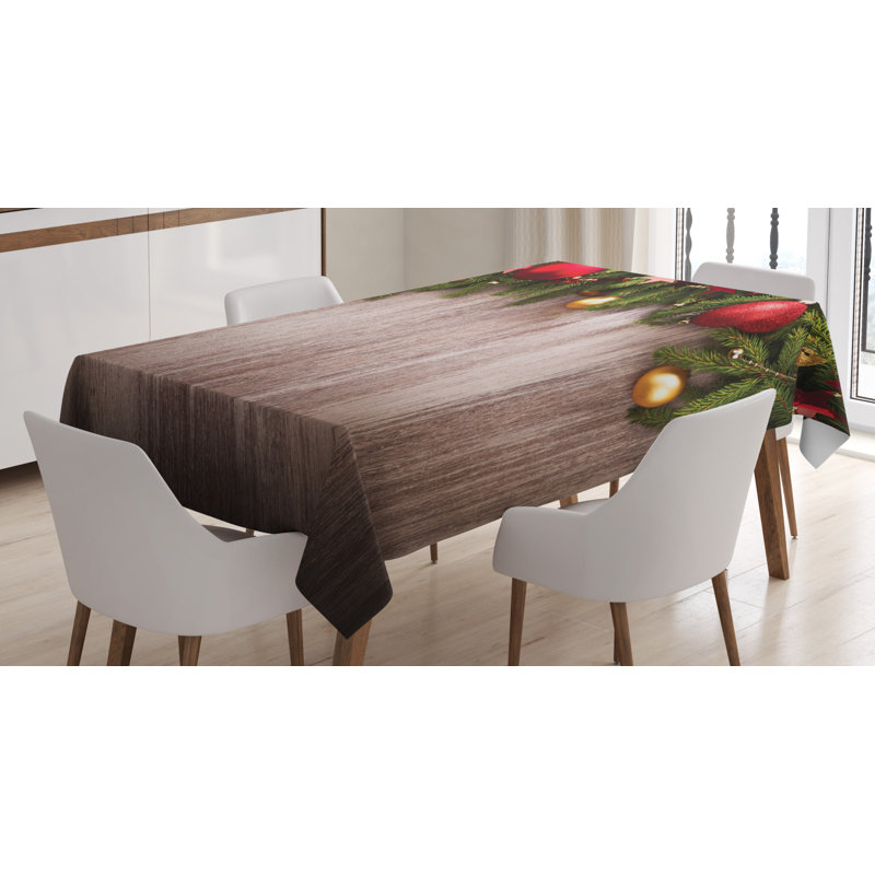 Xmas Ornaments Over Wooden Board Backdrop with Stars Goodwill Print Tablecloth, 72" x 52"