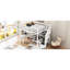 Lit mezzanine double blanc avec bureau en forme de L, tiroirs multifonctionnels, armoire et escalier de rangement avec décoration pratique et peu encombrante