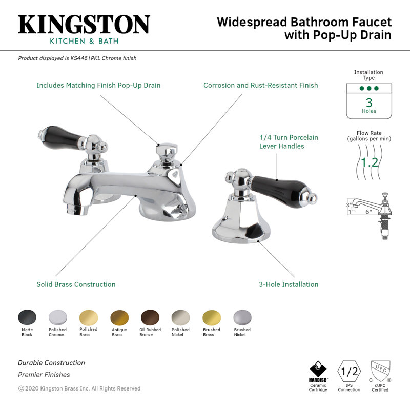 Robinet de salle de bain espacé à deux poignées et 3 poignées à fixation sur le comptoir avec bonde escamotable en laiton Kingston