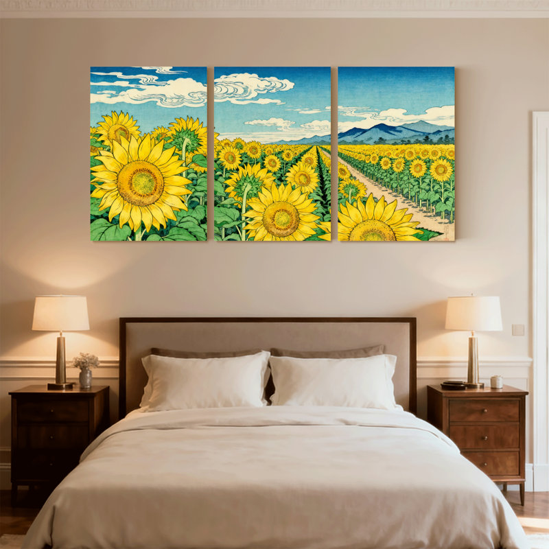 Ensemble de 3 impressions sur toile, "Tournesols sous un ciel bleu", H 24 po x l 48 po