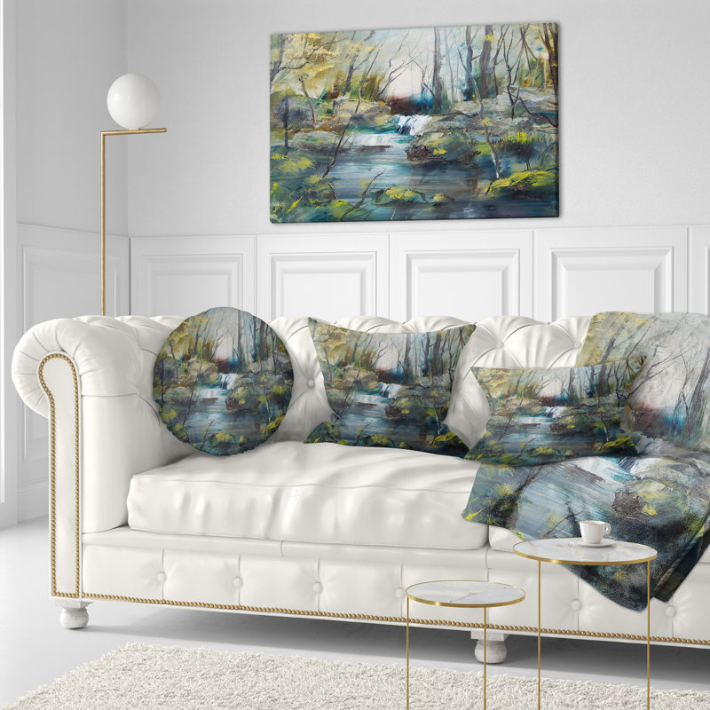 Coussin lombaire avec peinture à l'huile Schafer Landscape Brook and Rocks