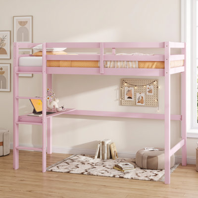 Structure de lit simple en mezzanine en bois d'hévéa massif, avec bureau intégré, barrière de sécurité et échelle d'escalade intégrée