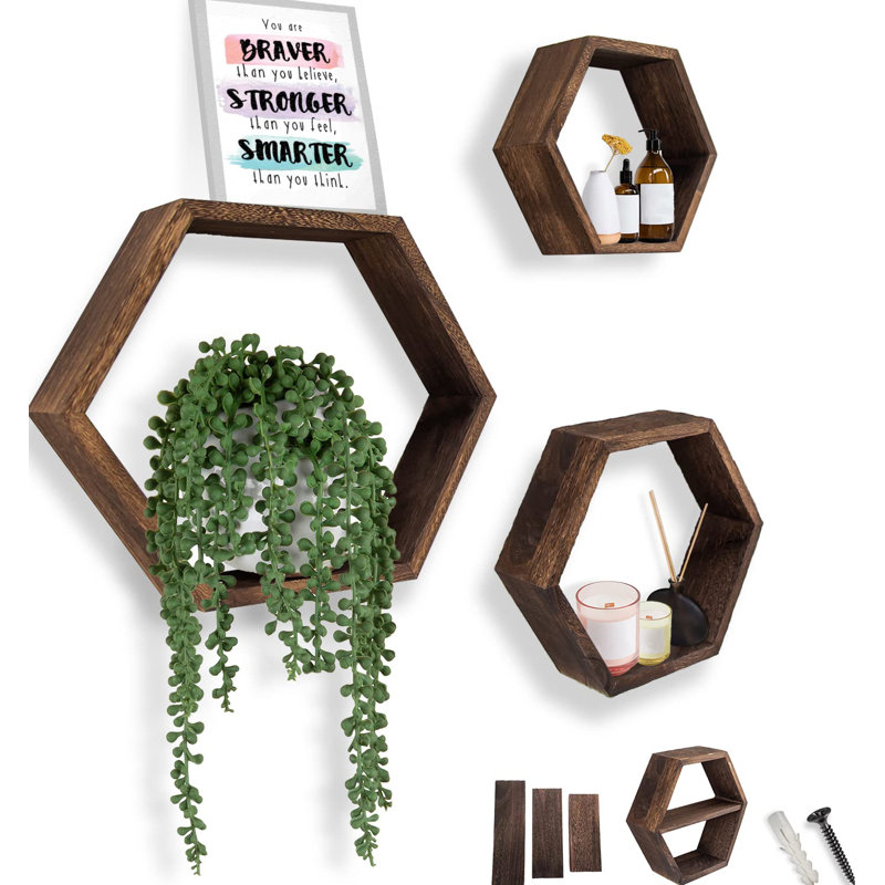 Tanley 3 Piece Hexagon Solid Wood Floating Shelf, Rustic Brown