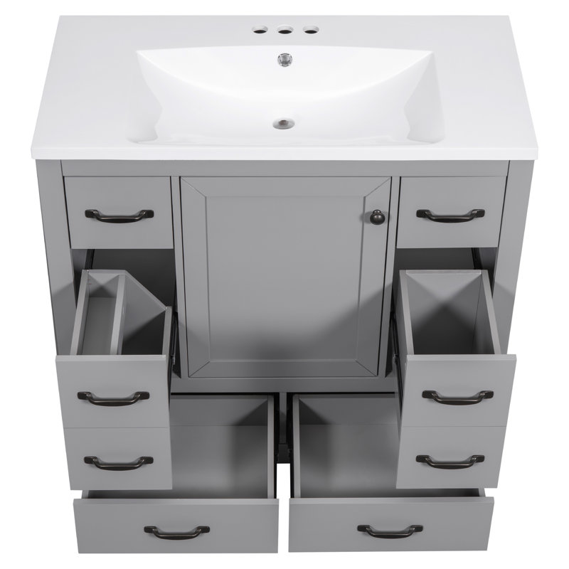 Lavabo-lavabo gris. Taille 36 po. Bois massif et 6 tiroirs, tablette réglable, séparateur fonctionnel. Évier en céramique. Style élégant. Assemblage requis avec un design élégant.