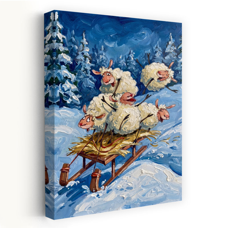 Sledding Sheep Fun Playful Abstract Contemporary Evergreen Tree Winter Landscape Wall Art Print, 152.4cm H x 101.6cm W