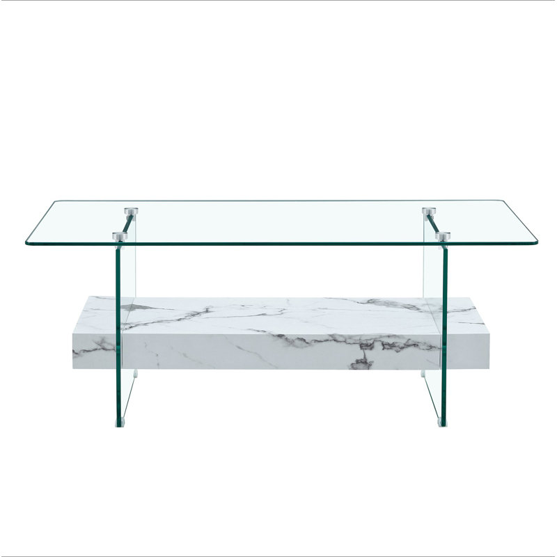 Rectangular Floating Double-Layer Coffee Table, White Glass Legs, White 