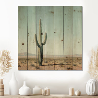 Cactus rétro et ciel du désert - Art mural en bois floral cactus - sur bois de pin naturel