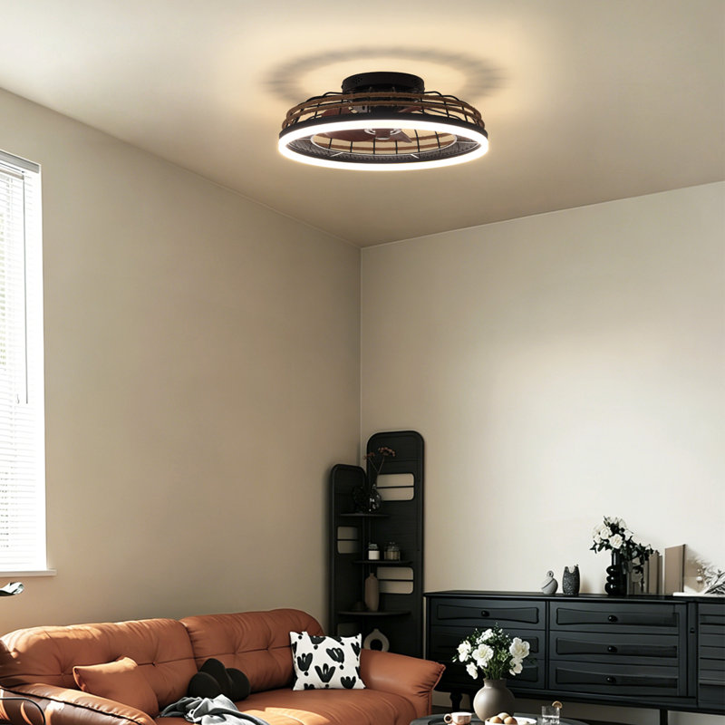 19.7" Dimmable Boho Caged Flush Mount LED Fan Light with Remote Control, 3 Color Temperatures Selectable