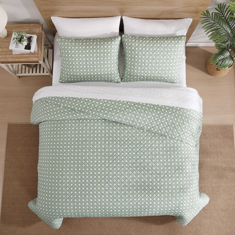 Tommy Bahama Aubrey Cotton Reversible Quilt Set, Green Geometric, Queen Quilt + 2 Standard Pillow Shams