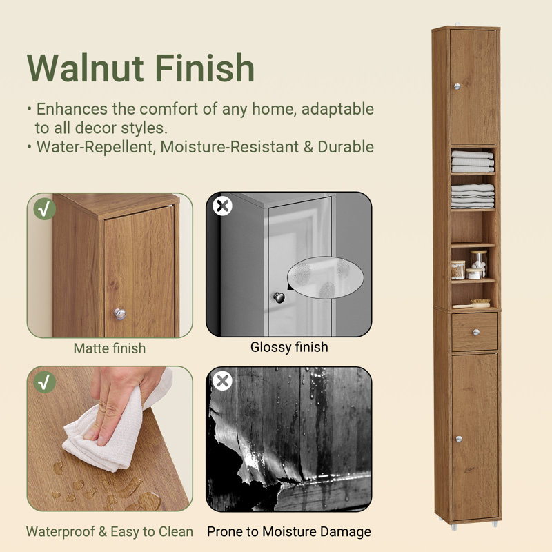 Armoire de rangement étroite pour salle de bain avec 2 portes, 1 tiroir, naturel, Naturel