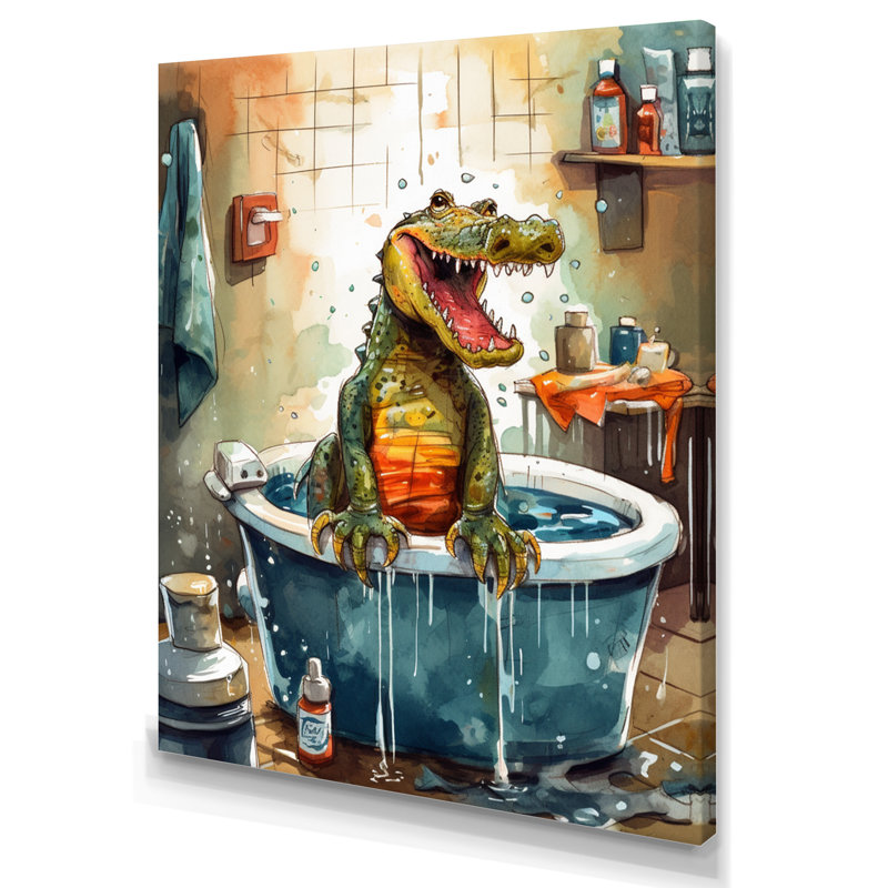 «Green Gator In The Tub - Crocodile Bathroom», reproduction d'art sur toile, H 32 po x l 24 po x P 1 po