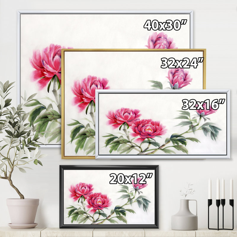 Trois pivoines rétro - reproduction sur toile, Toile avec cadre noir, H 24 po x l 32 po x P 1 po