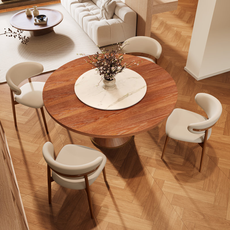Round Mid-Century Farmhouse Solid Wood Dining Table Set With 360° Silent Turntable, 5 Pieces: Table, 4 Chairs