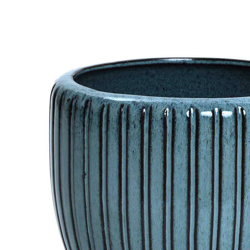 11'' D Ceramic Round Planter, Ribbed Indoor Outdoor Flower Pot in Blue or Green with Drainage Hole, Green