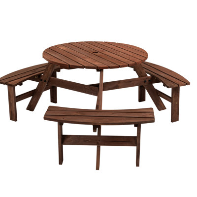6 Outdoor Wooden Picnic Table For Patio, Backyard, Garden - 35" Large Tabletop, 3 Curved Benches, 1720Lb Capacity, Brown Brown,