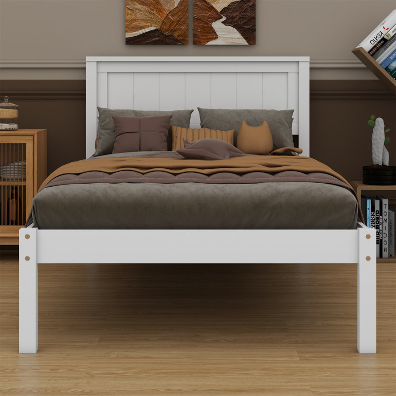 Base de lit plateforme avec tête de lit, support à lattes de bois, Blanc