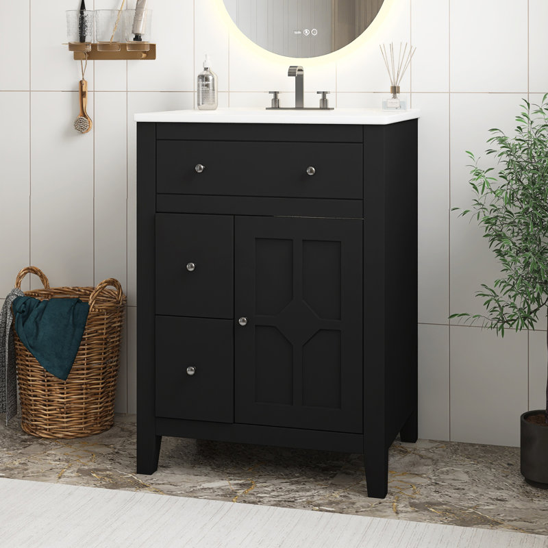 Meuble-lavabo moderne noir de 24 po avec lavabo en céramique et 2 tiroirs avec porte à fermeture en douceur, Noir