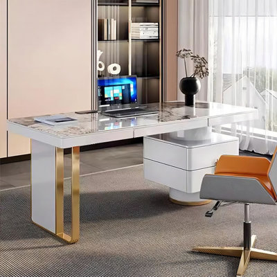 Modern white rectangular rock plate desk with cabinet