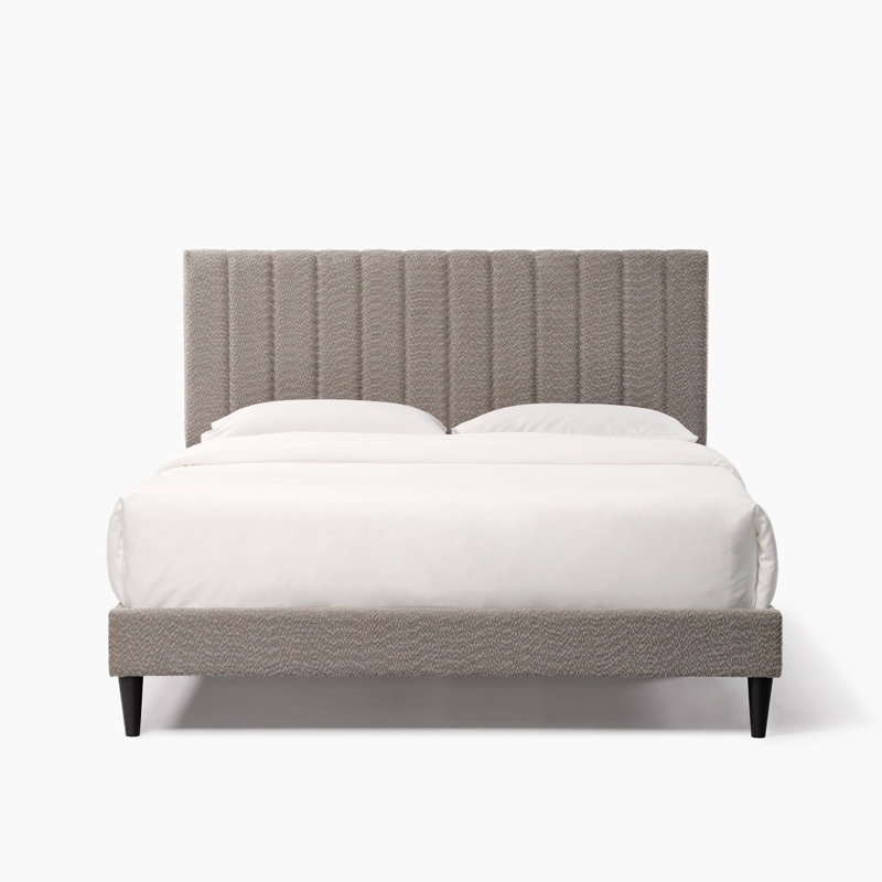 Structure de lit plateforme grise rembourrée grise, tête de lit capitonnée, meubles de chambre à coucher de style Mid-Century, aucun sommier tapissier requis, lattes de bois de la structure de lit, boucle souple moderne